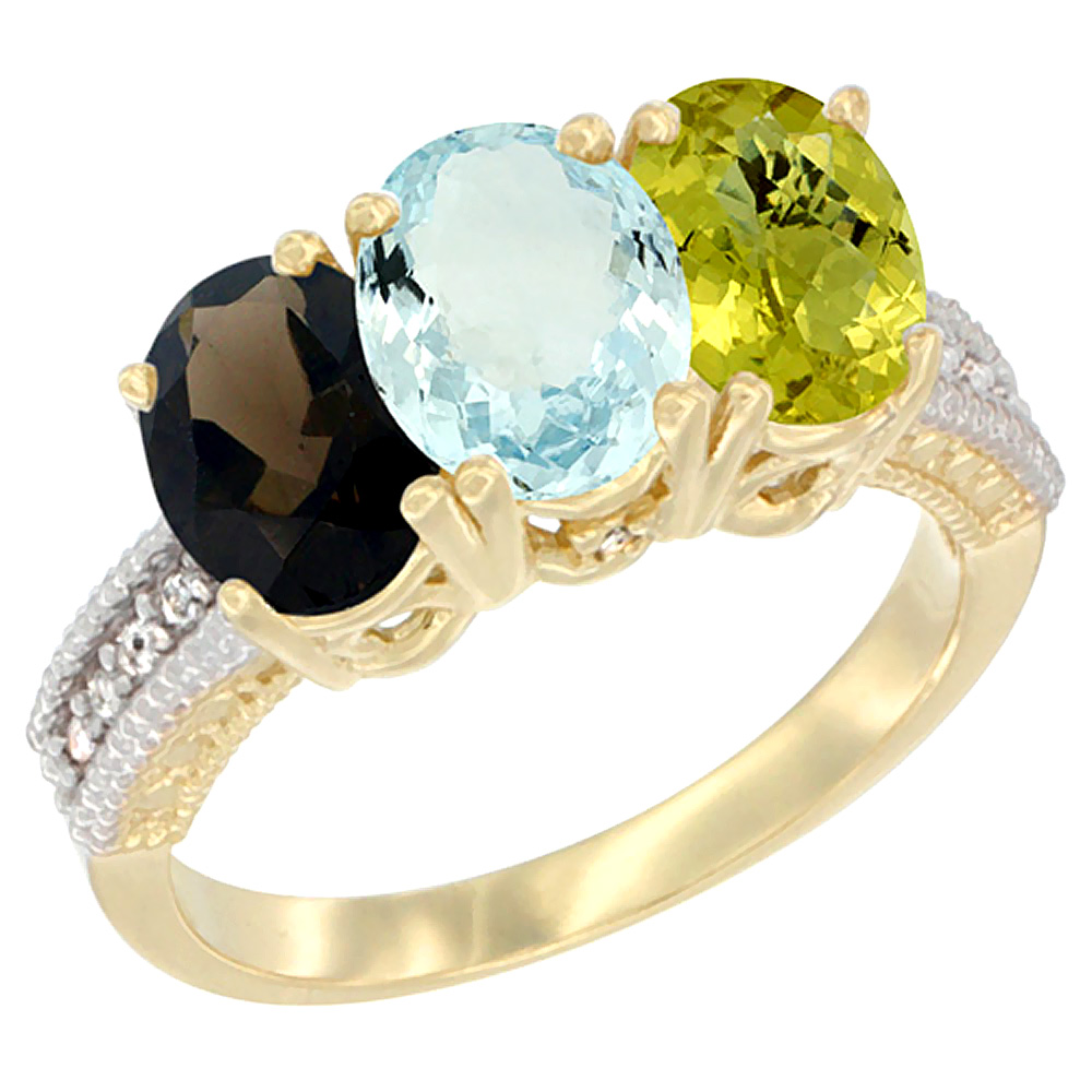 14K Yellow Gold Natural Smoky Topaz, Aquamarine & Lemon Quartz Ring 3-Stone 7x5 mm Oval Diamond Accent, sizes 5 - 10