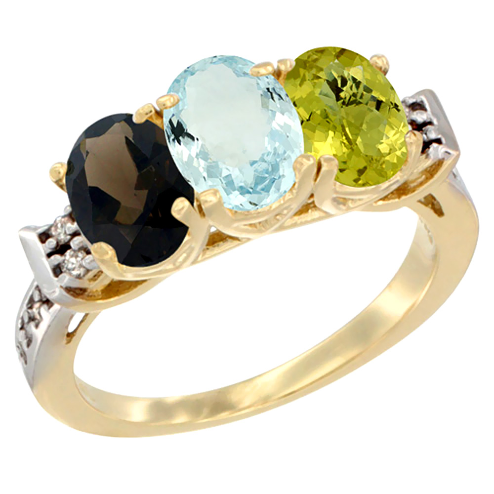 14K Yellow Gold Natural Smoky Topaz, Aquamarine & Lemon Quartz Ring 3-Stone Oval 7x5 mm Diamond Accent, sizes 5 - 10