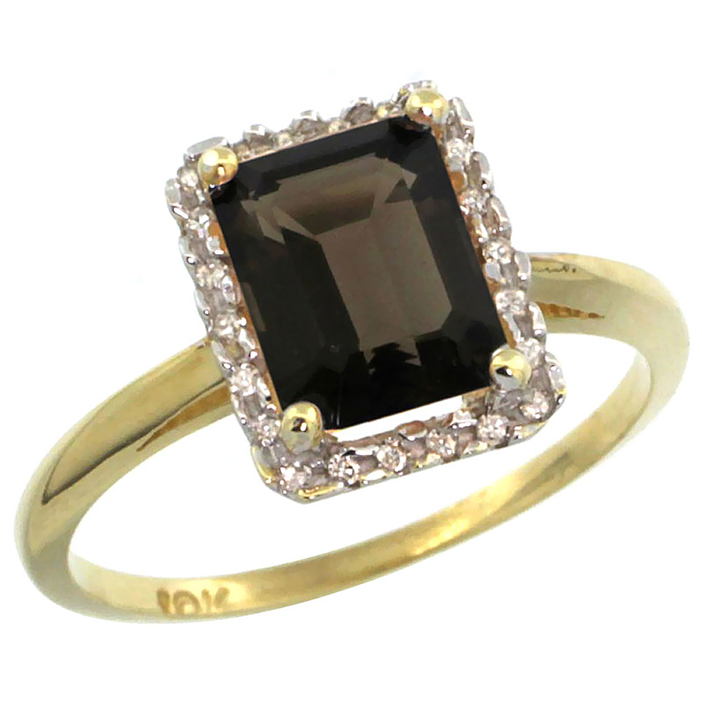 14K Yellow Gold Diamond Natural Smoky Topaz Ring Emerald-cut 8x6mm, sizes 5-10