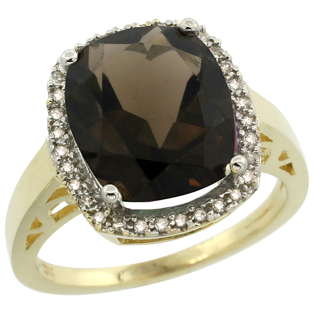 10K Yellow Gold Diamond Natural Smoky Topaz Ring Cushion-cut 12x10mm, sizes 5-10