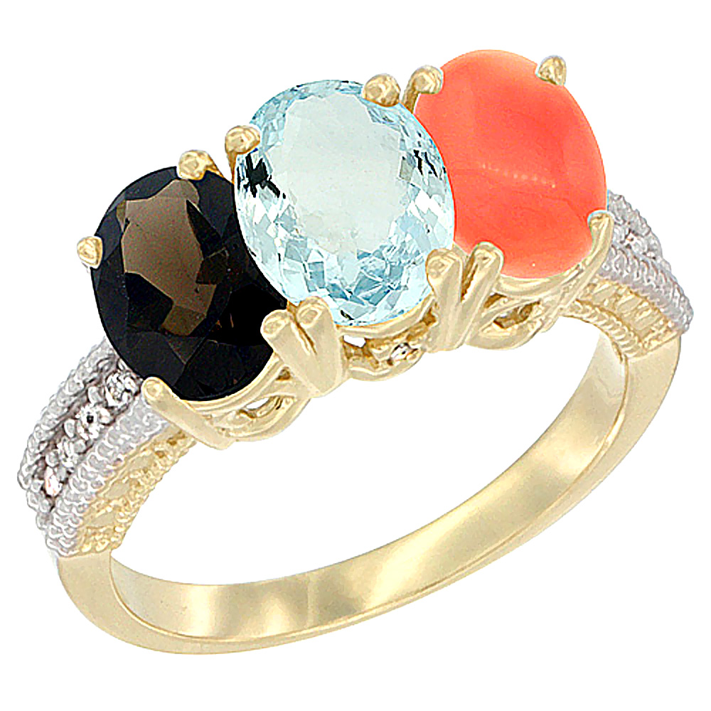 10K Yellow Gold Diamond Natural Smoky Topaz, Aquamarine & Coral Ring 3-Stone 7x5 mm Oval, sizes 5 - 10