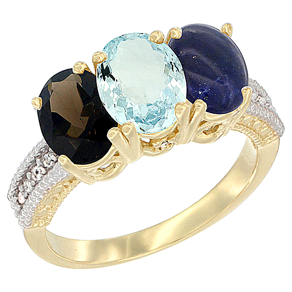 10K Yellow Gold Diamond Natural Smoky Topaz, Aquamarine &amp; Lapis Ring 3-Stone 7x5 mm Oval, sizes 5 - 10