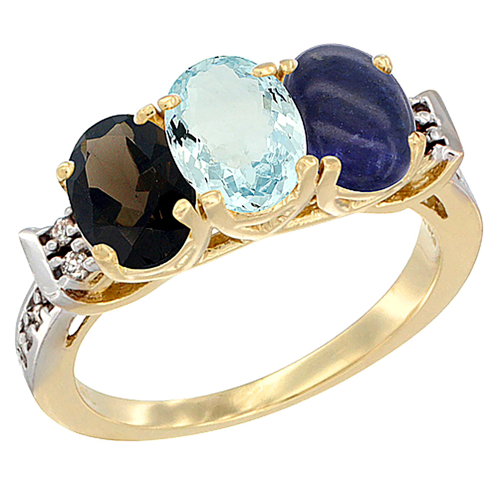 14K Yellow Gold Natural Smoky Topaz, Aquamarine &amp; Lapis Ring 3-Stone Oval 7x5 mm Diamond Accent, sizes 5 - 10