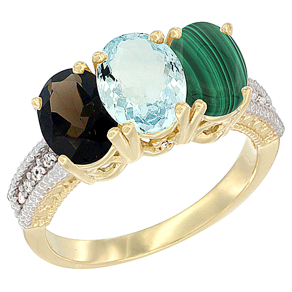 10K Yellow Gold Diamond Natural Smoky Topaz, Aquamarine & Malachite Ring 3-Stone 7x5 mm Oval, sizes 5 - 10