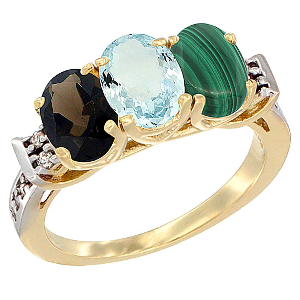 14K Yellow Gold Natural Smoky Topaz, Aquamarine & Malachite Ring 3-Stone Oval 7x5 mm Diamond Accent, sizes 5 - 10