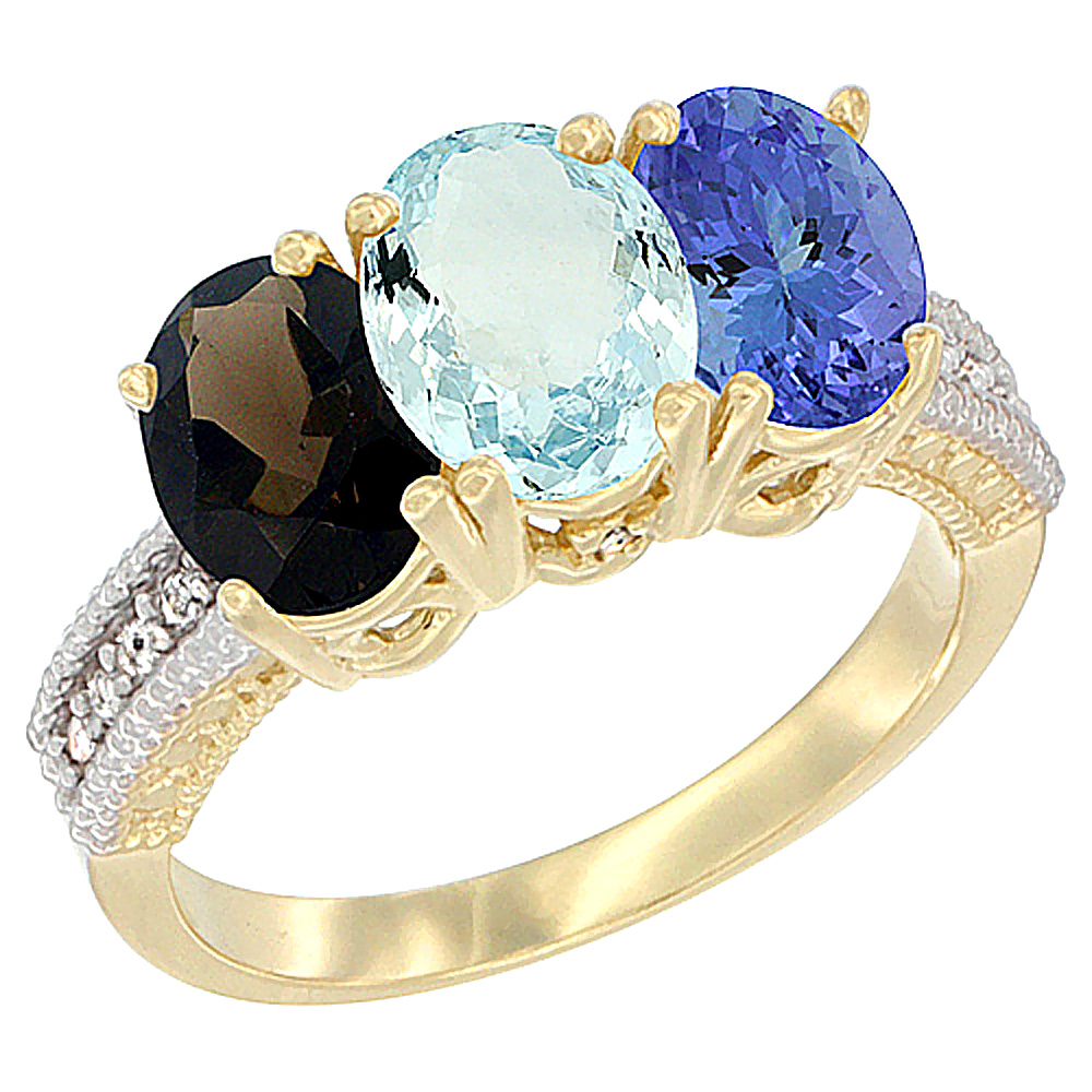 10K Yellow Gold Diamond Natural Smoky Topaz, Aquamarine &amp; Tanzanite Ring 3-Stone 7x5 mm Oval, sizes 5 - 10