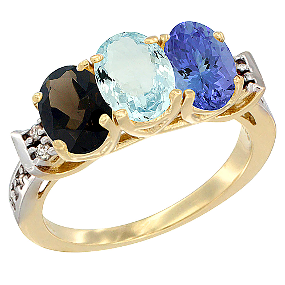 10K Yellow Gold Natural Smoky Topaz, Aquamarine & Tanzanite Ring 3-Stone Oval 7x5 mm Diamond Accent, sizes 5 - 10