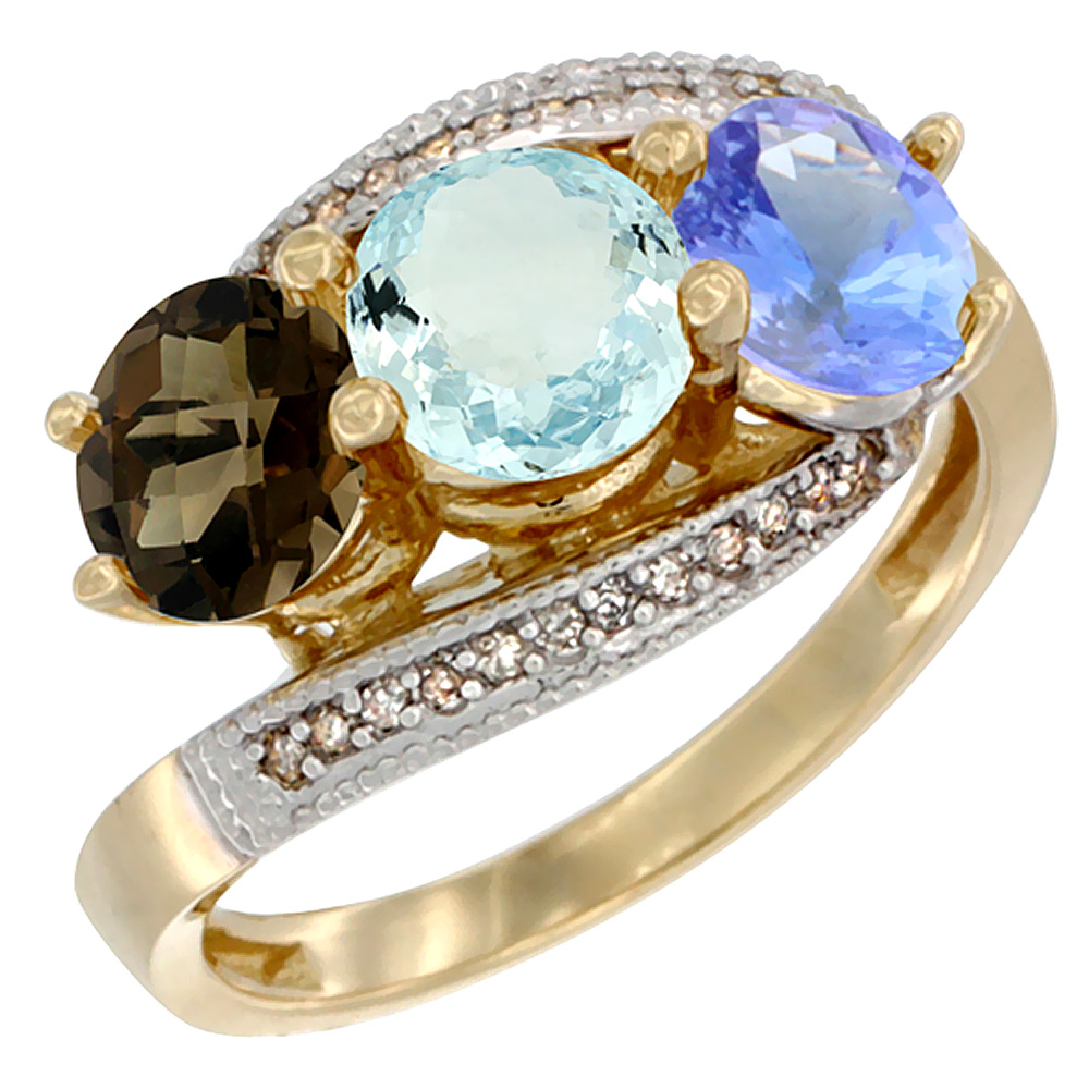 14K Yellow Gold Natural Smoky Topaz, Aquamarine &amp; Tanzanite 3 stone Ring Round 6mm Diamond Accent, sizes 5 - 10