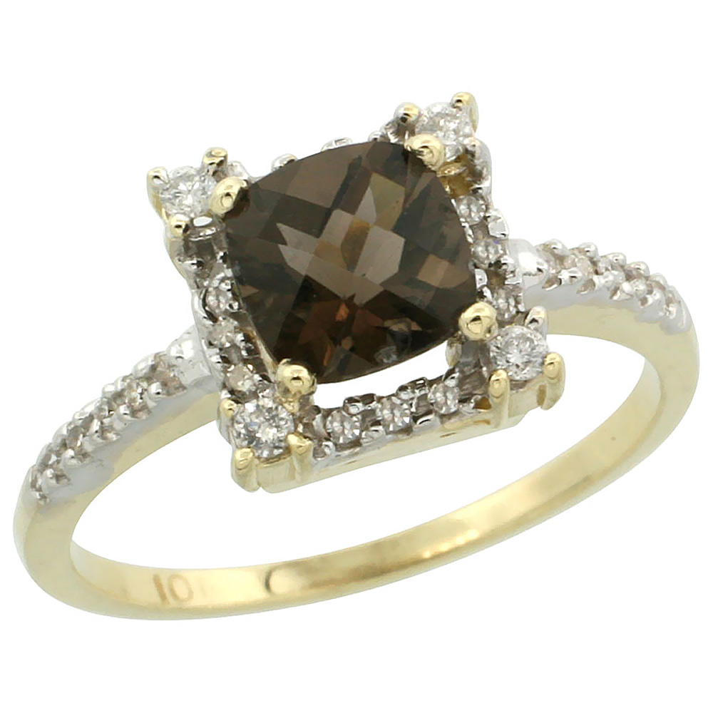 14K Yellow Gold Natural Smoky Topaz Ring Cushion-cut 6x6mm Diamond Halo, sizes 5-10