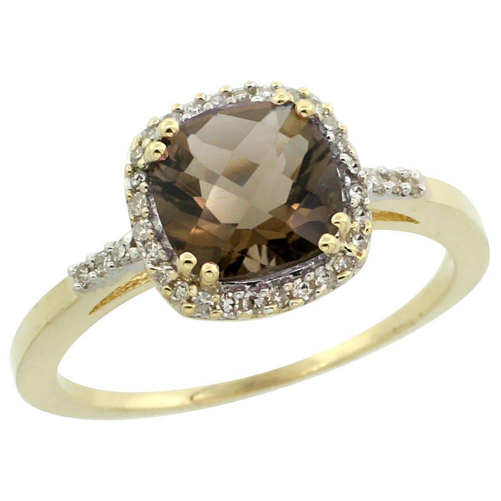 10K Yellow Gold Diamond Natural Smoky Topaz Ring Cushion-cut 7x7mm, sizes 5-10