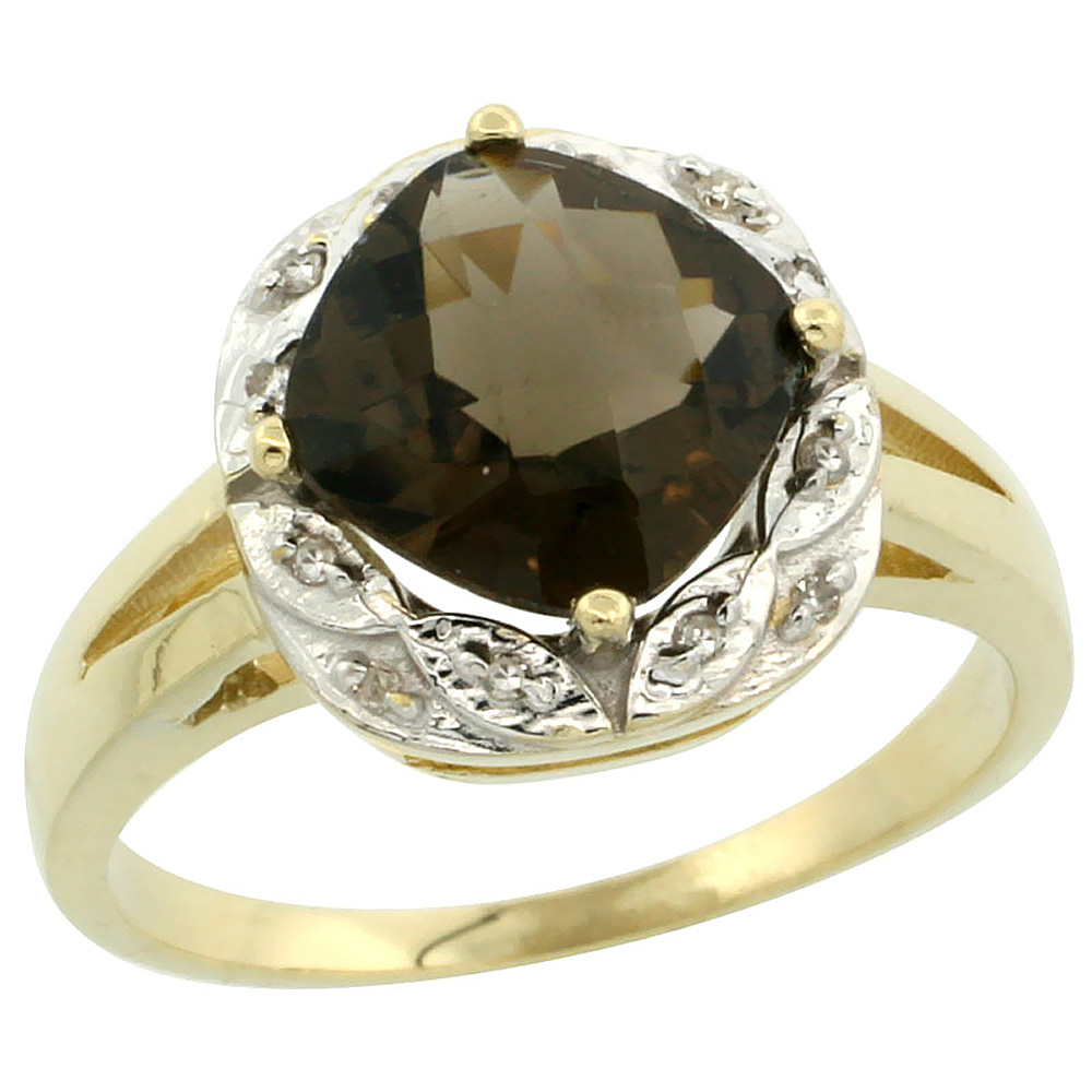 10k Yellow Gold Natural Smoky Topaz Ring Cushion-cut 8x8mm Diamond Halo, sizes 5-10