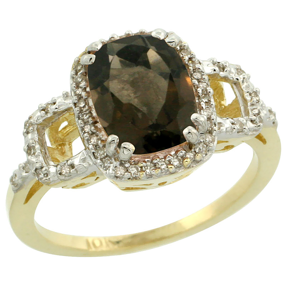 10K Yellow Gold Diamond Natural Smoky Topaz Ring Cushion-cut 9x7mm, sizes 5-10