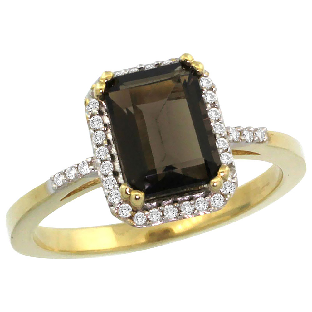 10K Yellow Gold Diamond Natural Smoky Topaz Ring Emerald-cut 8x6mm, sizes 5-10