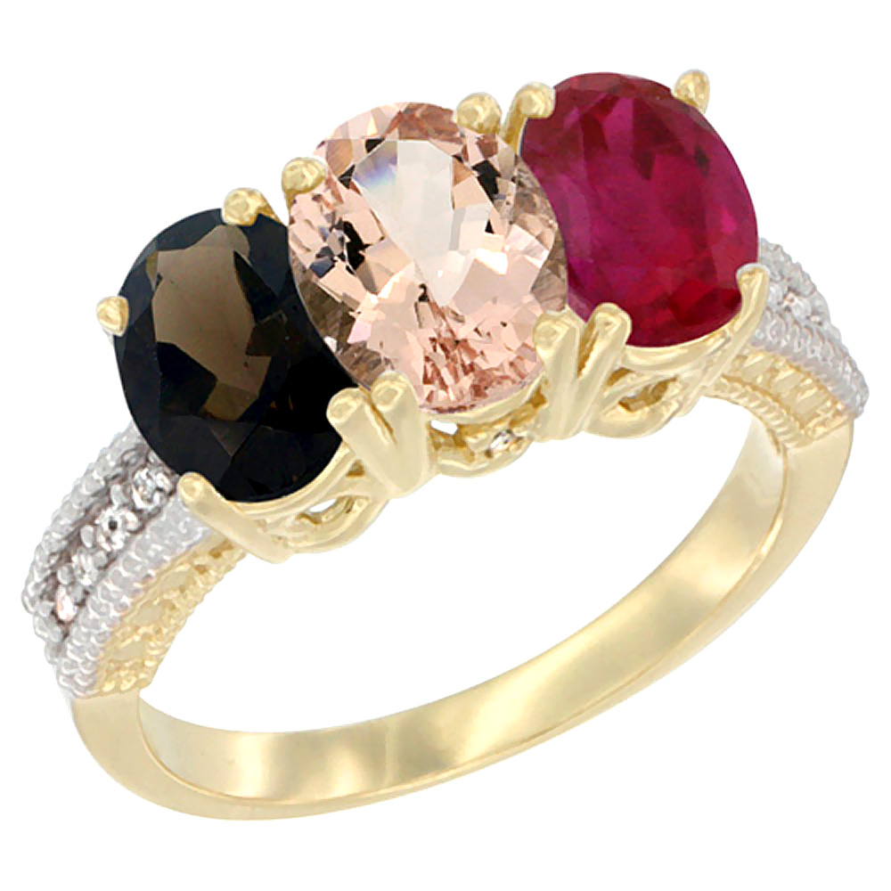 10K Yellow Gold Diamond Natural Smoky Topaz, Morganite & Enhanced Ruby Ring 3-Stone 7x5 mm Oval, sizes 5 - 10