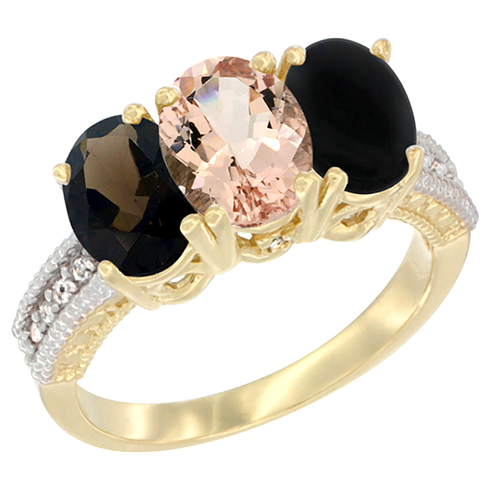 14K Yellow Gold Natural Smoky Topaz, Morganite & Black Onyx Ring 3-Stone 7x5 mm Oval Diamond Accent, sizes 5 - 10