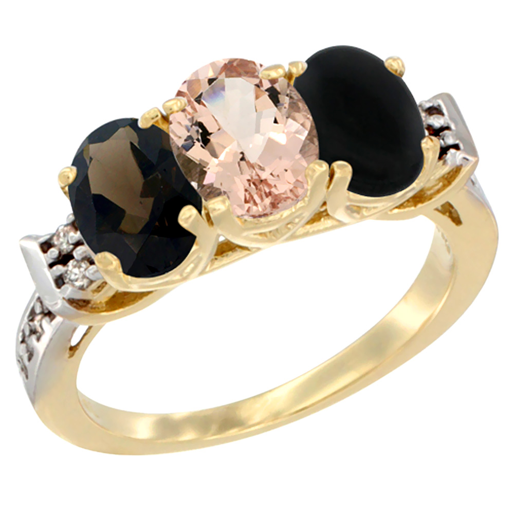 10K Yellow Gold Natural Smoky Topaz, Morganite & Black Onyx Ring 3-Stone Oval 7x5 mm Diamond Accent, sizes 5 - 10