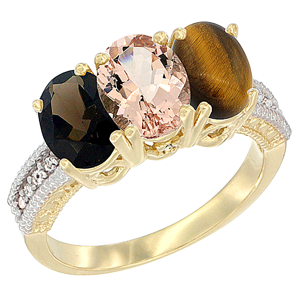 14K Yellow Gold Natural Smoky Topaz, Morganite & Tiger Eye Ring 3-Stone 7x5 mm Oval Diamond Accent, sizes 5 - 10