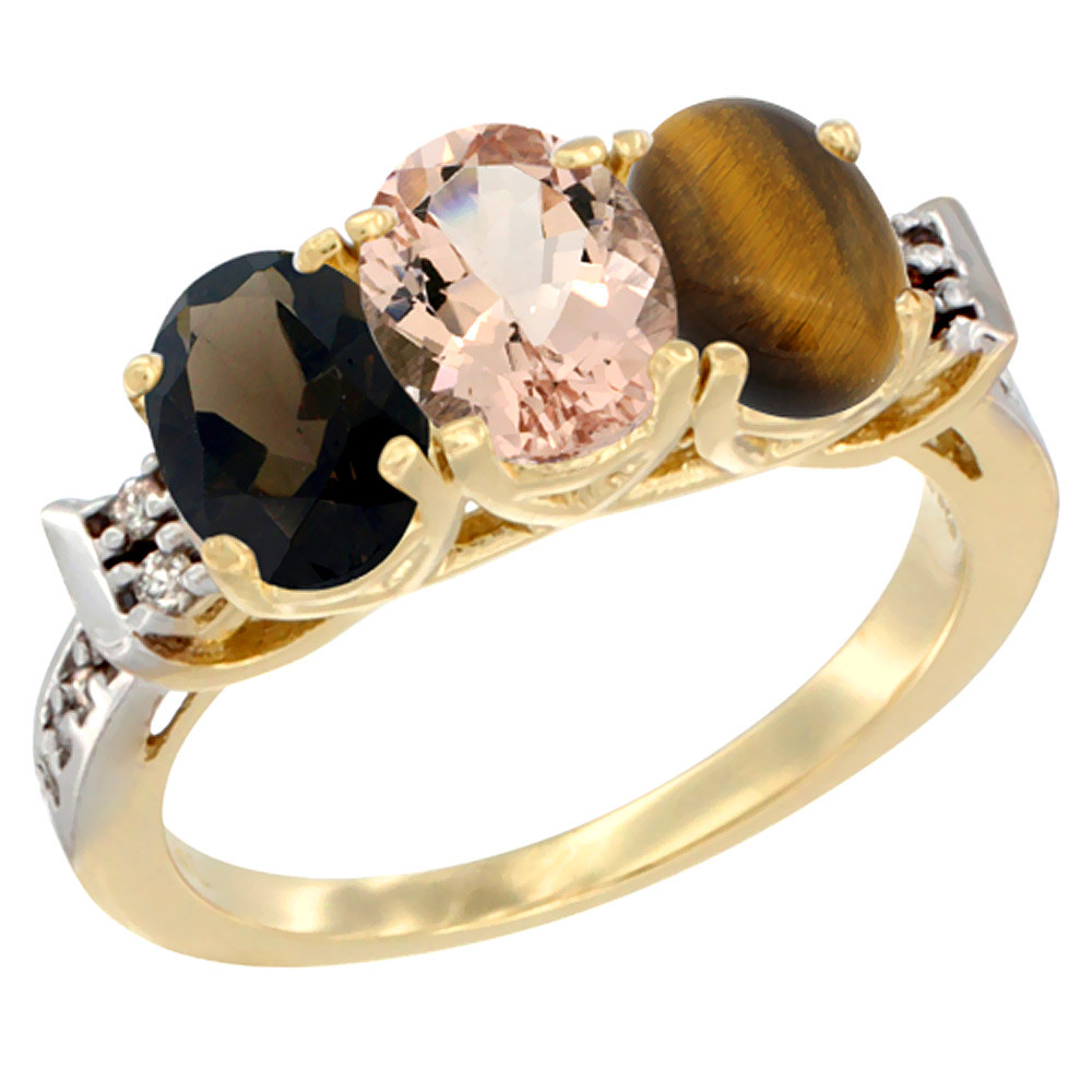 10K Yellow Gold Natural Smoky Topaz, Morganite & Tiger Eye Ring 3-Stone Oval 7x5 mm Diamond Accent, sizes 5 - 10