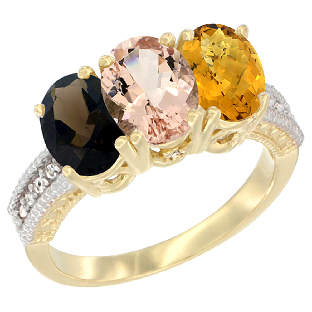 10K Yellow Gold Diamond Natural Smoky Topaz, Morganite &amp; Whisky Quartz Ring 3-Stone 7x5 mm Oval, sizes 5 - 10