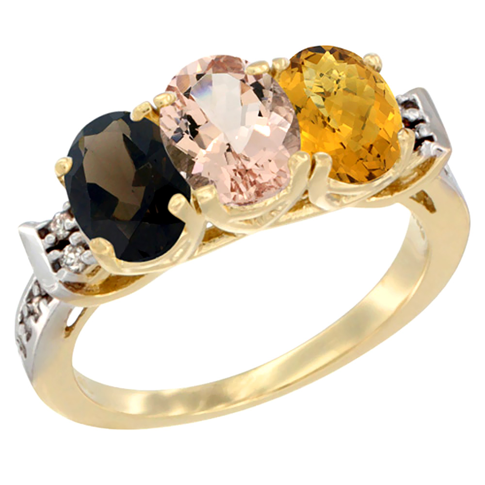 14K Yellow Gold Natural Smoky Topaz, Morganite & Whisky Quartz Ring 3-Stone Oval 7x5 mm Diamond Accent, sizes 5 - 10