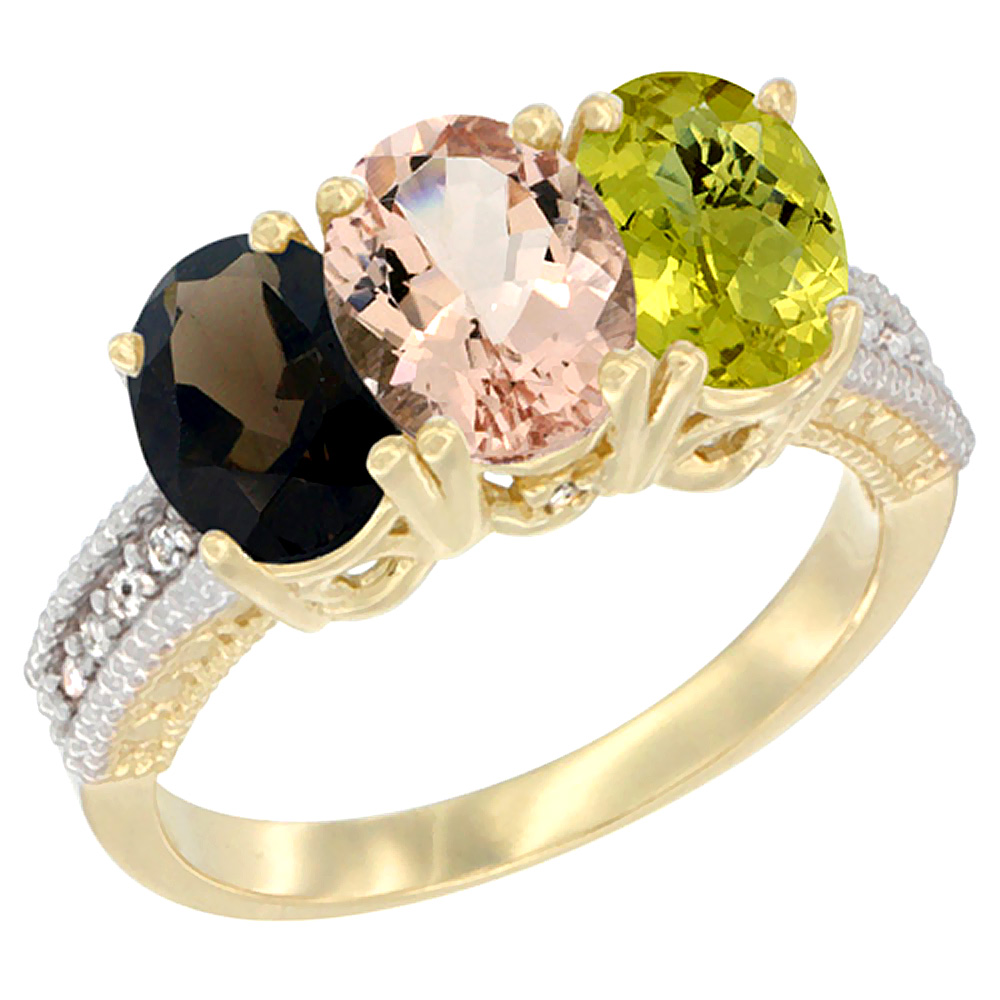 14K Yellow Gold Natural Smoky Topaz, Morganite &amp; Lemon Quartz Ring 3-Stone 7x5 mm Oval Diamond Accent, sizes 5 - 10