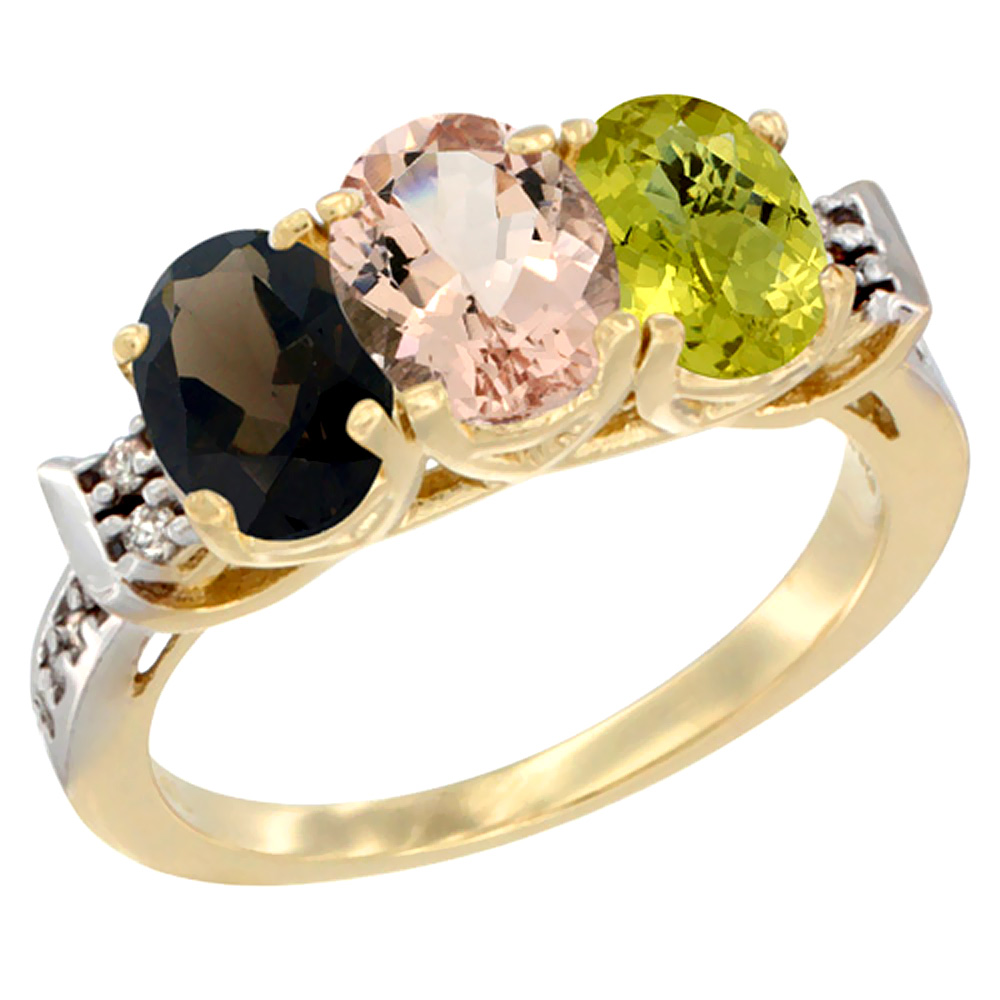 10K Yellow Gold Natural Smoky Topaz, Morganite & Lemon Quartz Ring 3-Stone Oval 7x5 mm Diamond Accent, sizes 5 - 10