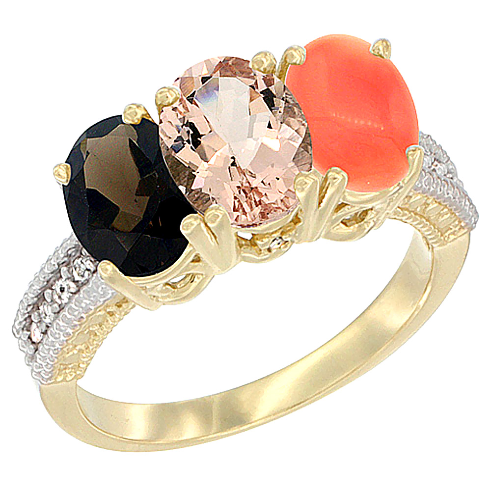 10K Yellow Gold Diamond Natural Smoky Topaz, Morganite & Coral Ring 3-Stone 7x5 mm Oval, sizes 5 - 10