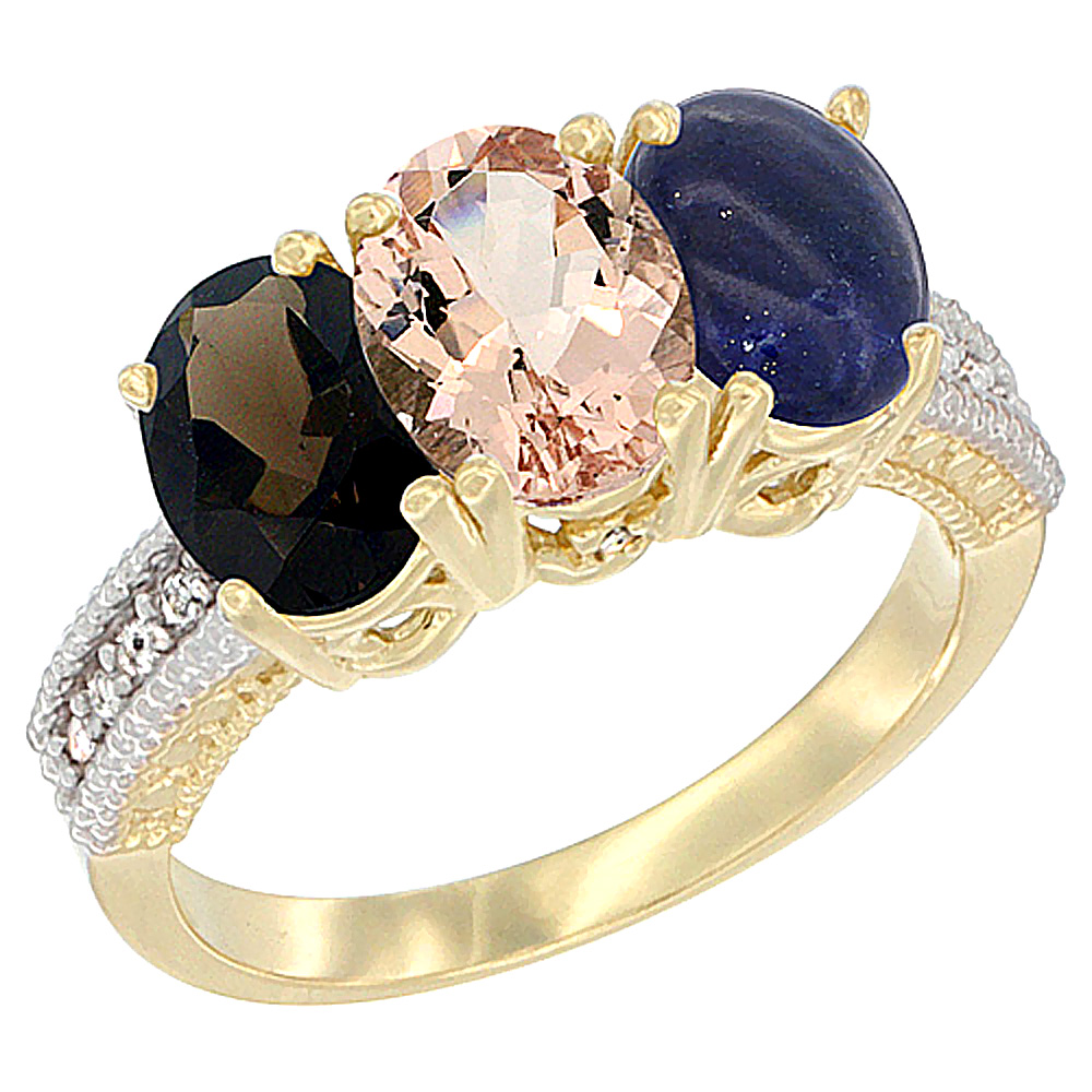 14K Yellow Gold Natural Smoky Topaz, Morganite &amp; Lapis Ring 3-Stone 7x5 mm Oval Diamond Accent, sizes 5 - 10