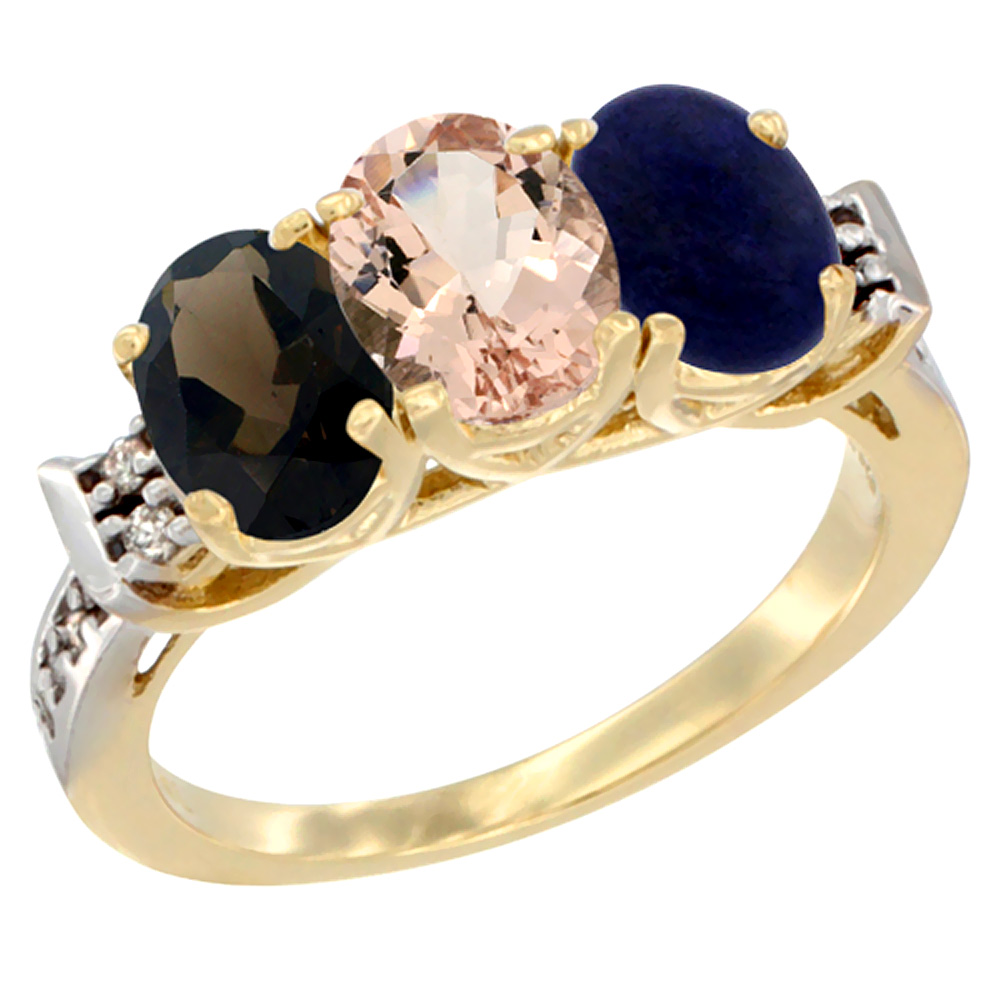 14K Yellow Gold Natural Smoky Topaz, Morganite & Lapis Ring 3-Stone Oval 7x5 mm Diamond Accent, sizes 5 - 10