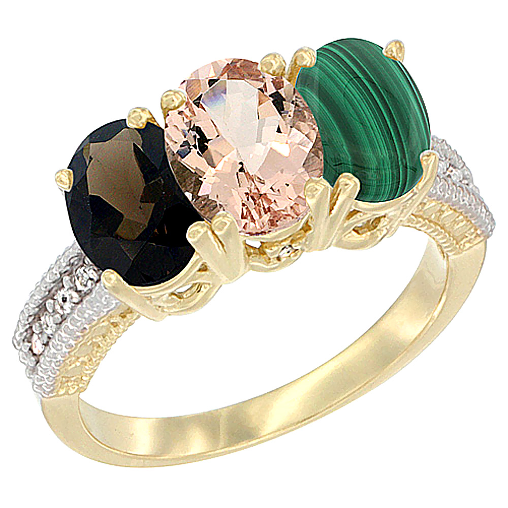 10K Yellow Gold Diamond Natural Smoky Topaz, Morganite & Malachite Ring 3-Stone 7x5 mm Oval, sizes 5 - 10