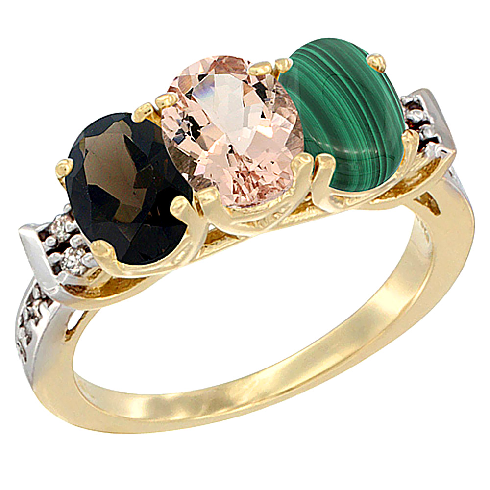 10K Yellow Gold Natural Smoky Topaz, Morganite & Malachite Ring 3-Stone Oval 7x5 mm Diamond Accent, sizes 5 - 10