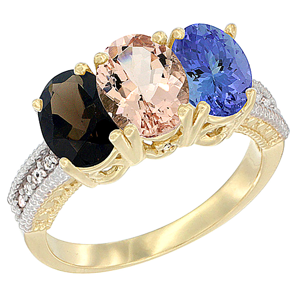 14K Yellow Gold Natural Smoky Topaz, Morganite & Tanzanite Ring 3-Stone 7x5 mm Oval Diamond Accent, sizes 5 - 10