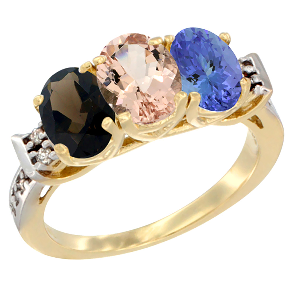 14K Yellow Gold Natural Smoky Topaz, Morganite &amp; Tanzanite Ring 3-Stone Oval 7x5 mm Diamond Accent, sizes 5 - 10