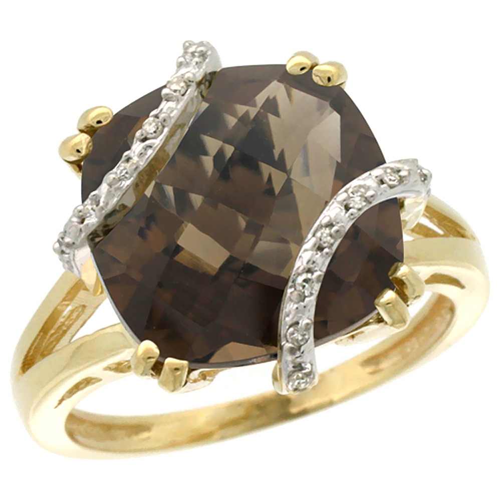 10k Yellow Gold Natural Smoky Topaz Ring Cushion-cut 12x12mm Diamond Accent, sizes 5-10