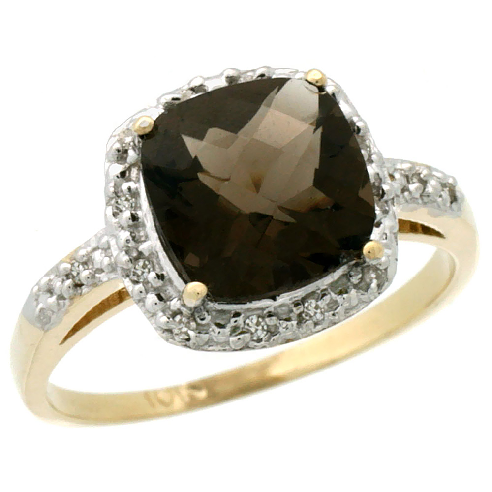 14K Yellow Gold Diamond Natural Smoky Topaz Ring Cushion-cut 8x8 mm, sizes 5-10