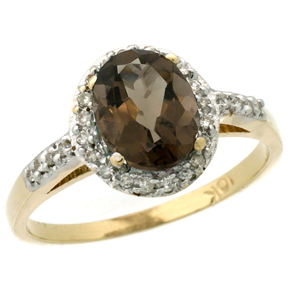 10K Yellow Gold Diamond Natural Smoky Topaz Ring Oval 8x6mm, sizes 5-10