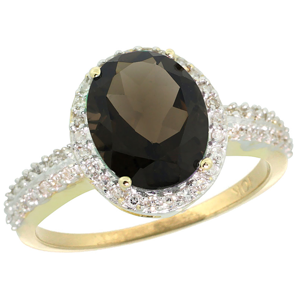 14K Yellow Gold Diamond Natural Smoky Topaz Engagement Ring Oval 10x8mm, sizes 5-10