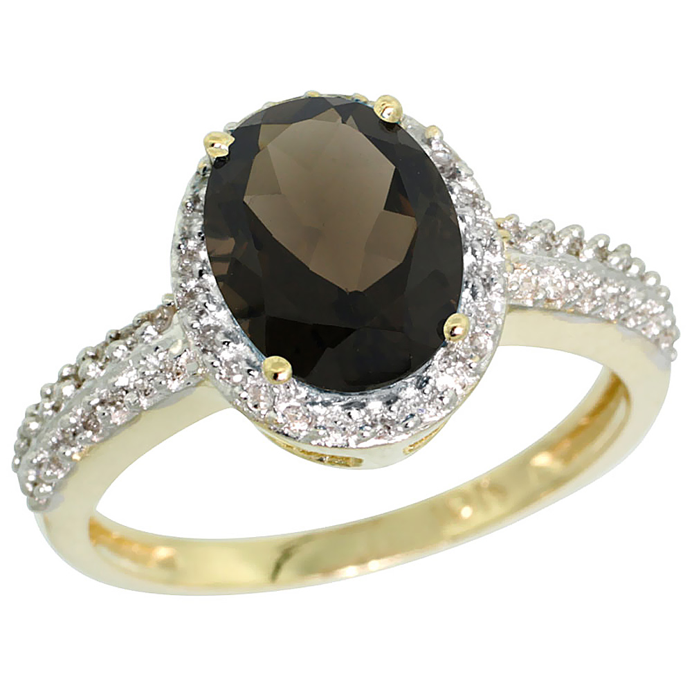 10K Yellow Gold Diamond Natural Smoky Topaz Ring Oval 9x7mm, sizes 5-10