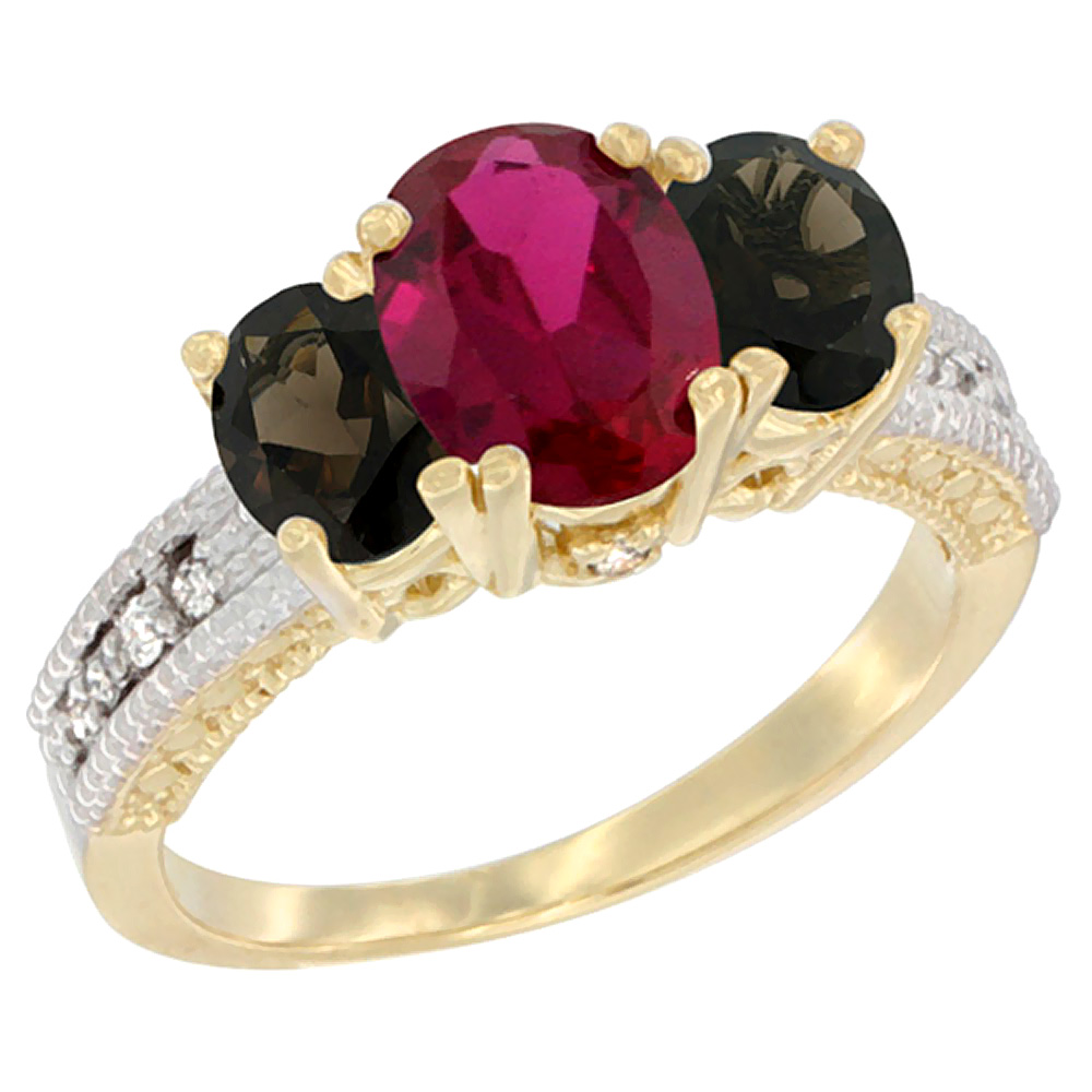 10K Yellow Gold Diamond Quality Ruby 7x5mm & 6x4mm Smoky Topaz Oval 3-stone Mothers Ring,size 5 - 10