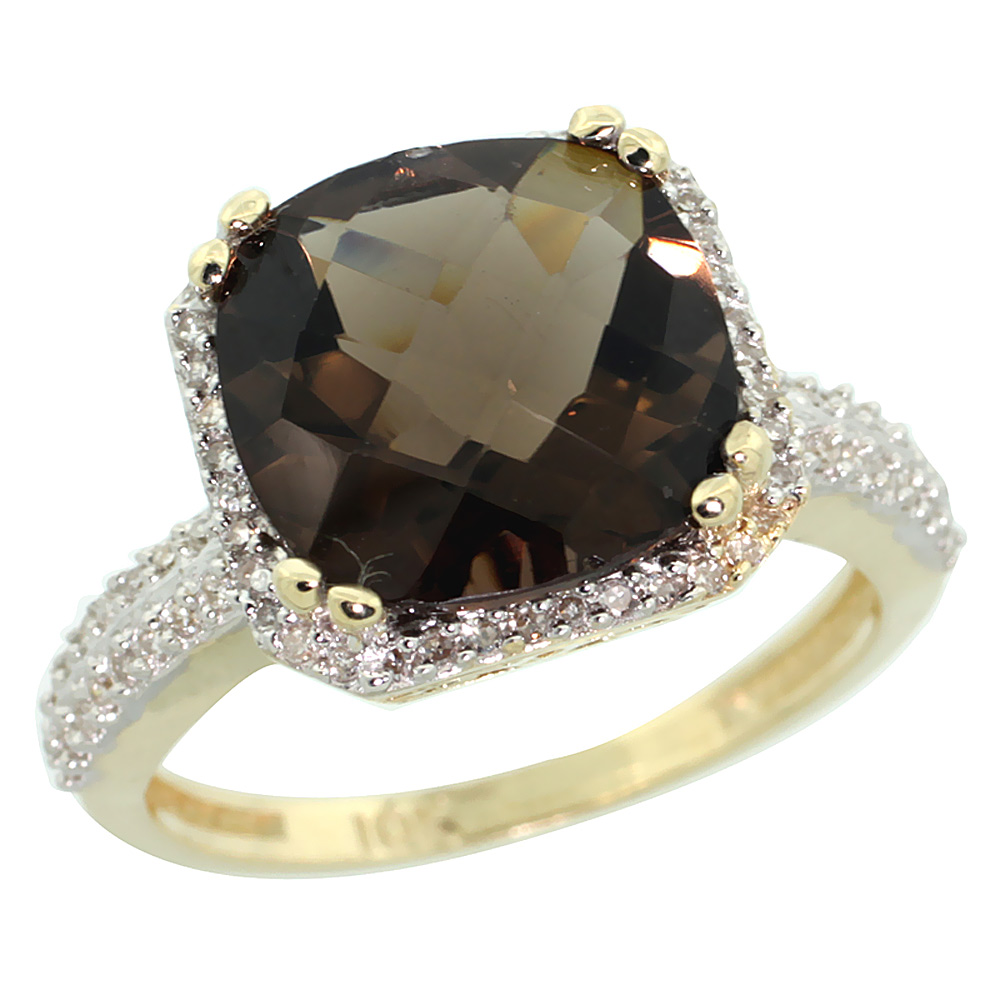 14K Yellow Gold Natural Smoky Topaz Ring Cushion-cut 11x11mm Diamond Halo, sizes 5-10