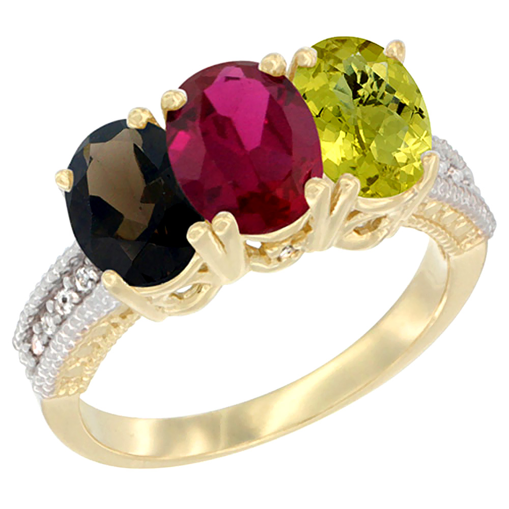 10K Yellow Gold Diamond Natural Smoky Topaz, Enhanced Ruby & Natural Lemon Quartz Ring 3-Stone 7x5 mm Oval, sizes 5 - 10