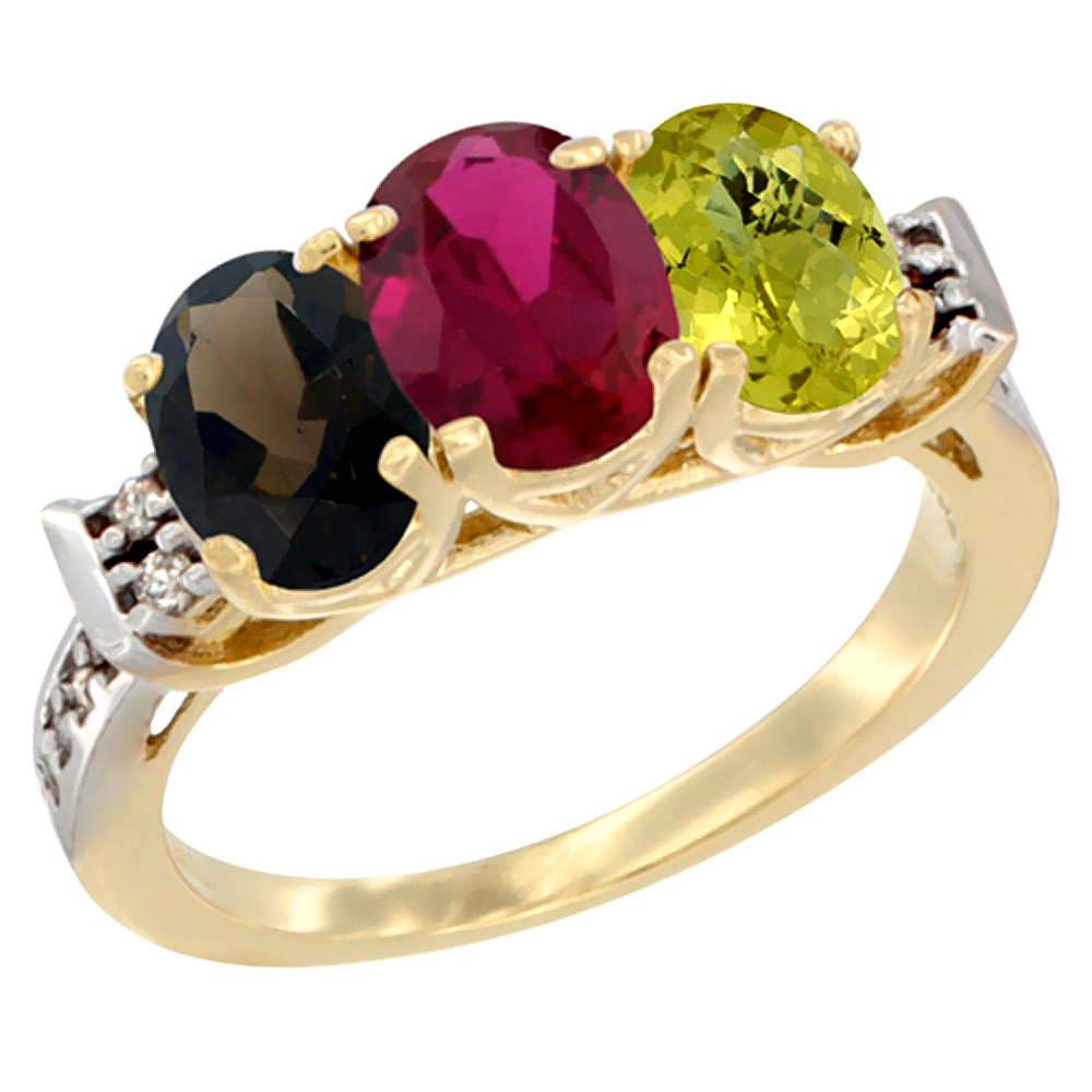 10K Yellow Gold Natural Smoky Topaz, Enhanced Ruby &amp; Natural Lemon Quartz Ring 3-Stone Oval 7x5 mm Diamond Accent, sizes 5 - 10