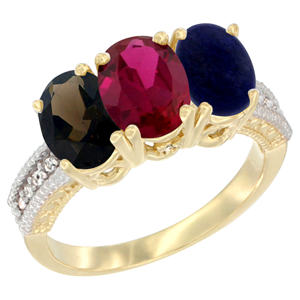 10K Yellow Gold Diamond Natural Smoky Topaz, Enhanced Ruby &amp; Natural Lapis Ring 3-Stone 7x5 mm Oval, sizes 5 - 10