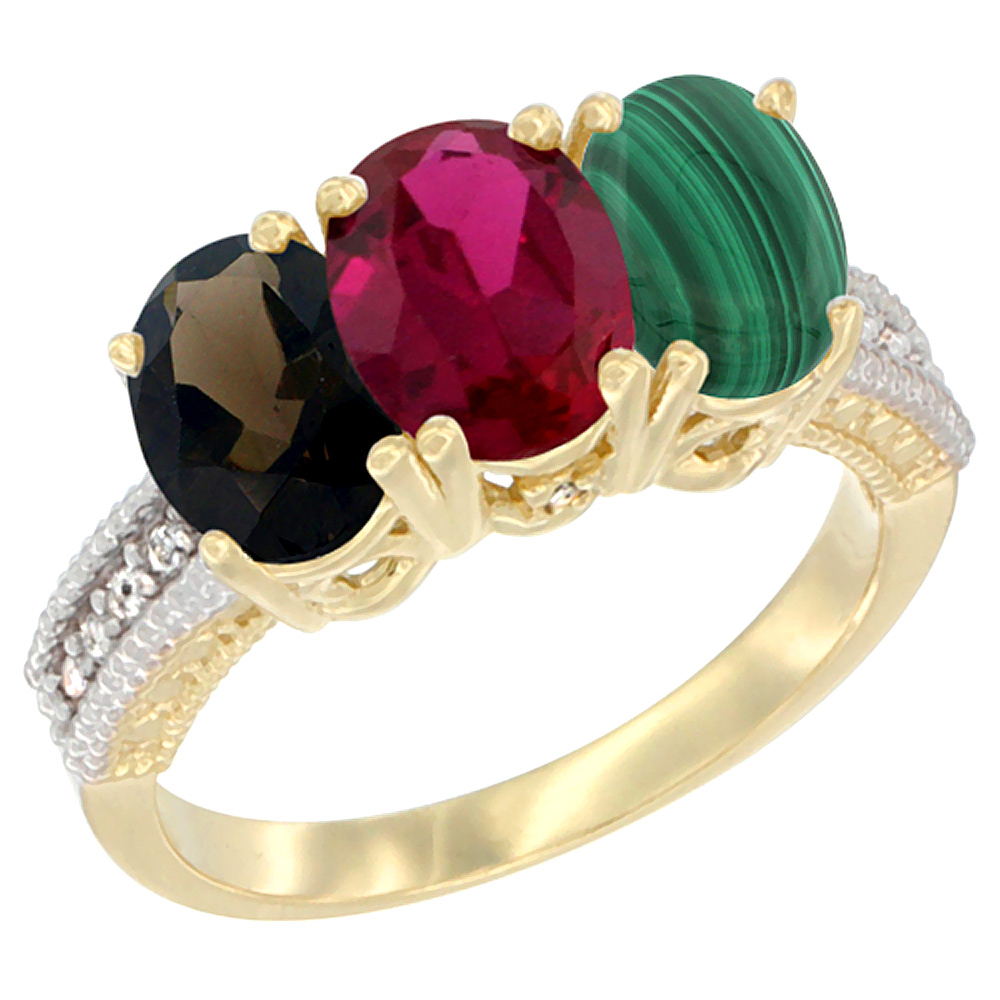 10K Yellow Gold Diamond Natural Smoky Topaz, Enhanced Ruby &amp; Natural Malachite Ring 3-Stone 7x5 mm Oval, sizes 5 - 10