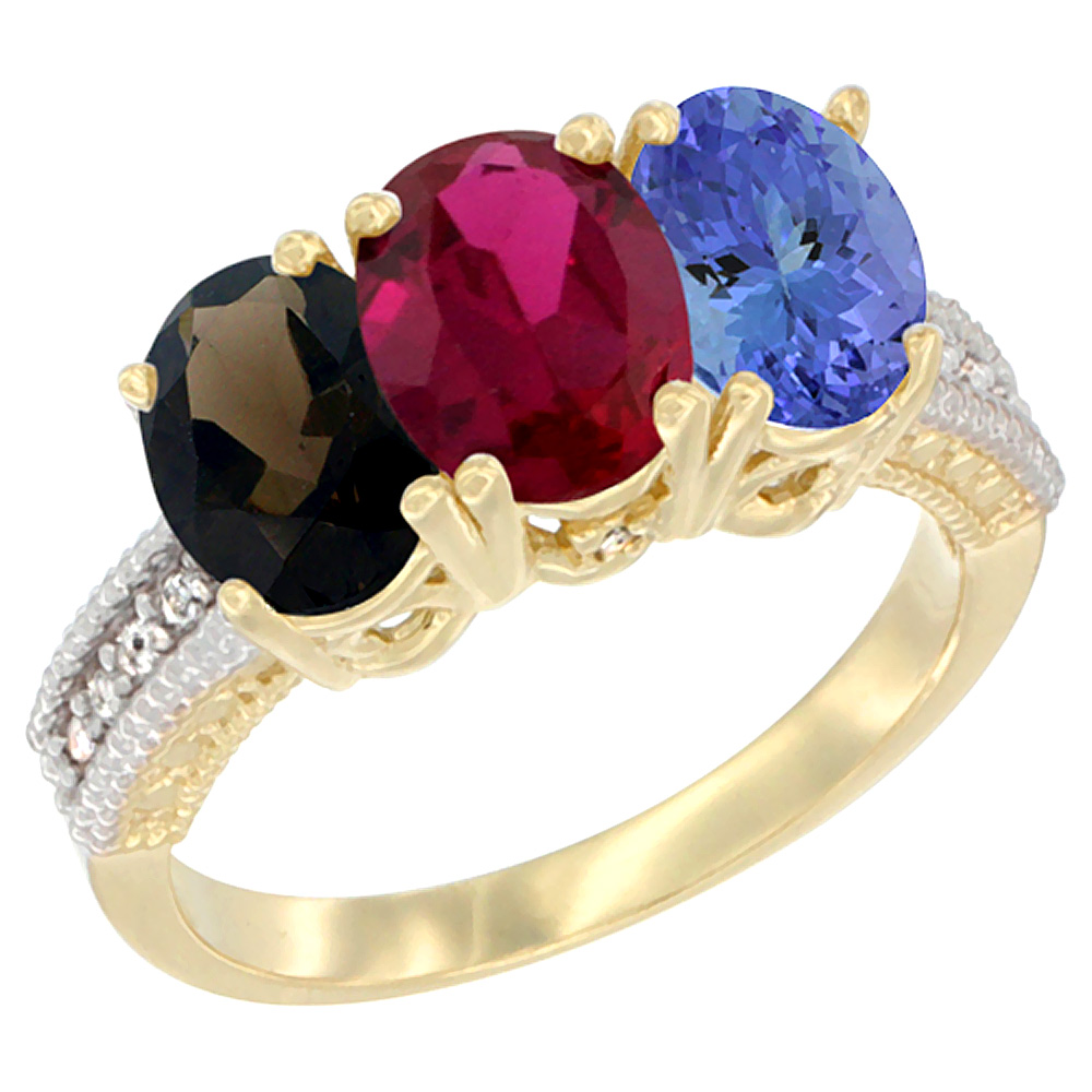 10K Yellow Gold Diamond Natural Smoky Topaz, Enhanced Ruby & Natural Tanzanite Ring 3-Stone 7x5 mm Oval, sizes 5 - 10