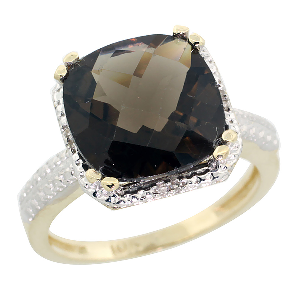 10K Yellow Gold Diamond Natural Smoky Topaz Ring Cushion-cut 11x11mm, sizes 5-10