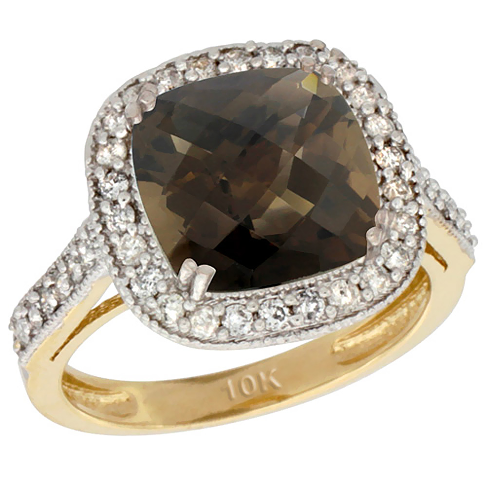 10k Yellow Gold Natural Smoky Topaz Ring Cushion-cut 9x9mm Diamond Halo, sizes 5-10