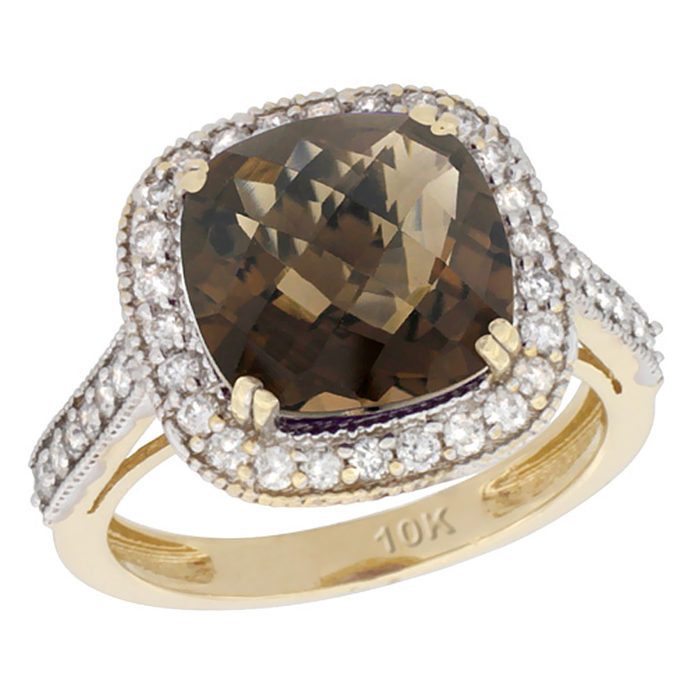 14K Yellow Gold Natural Smoky Topaz Ring Cushion-cut 10x10mm Diamond Halo, sizes 5-10