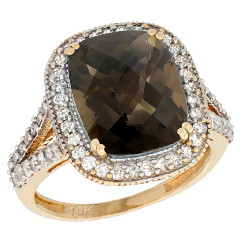 10k Yellow Gold Natural Smoky Topaz Ring Cushion-cut 12x10mm Diamond Halo, sizes 5-10