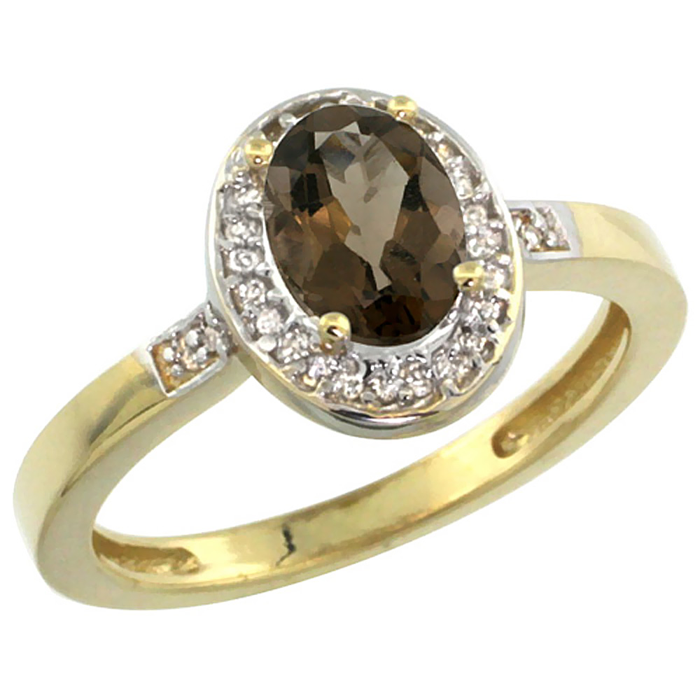 10K Yellow Gold Diamond Natural Smoky Topaz Engagement Ring Oval 7x5mm, sizes 5-10